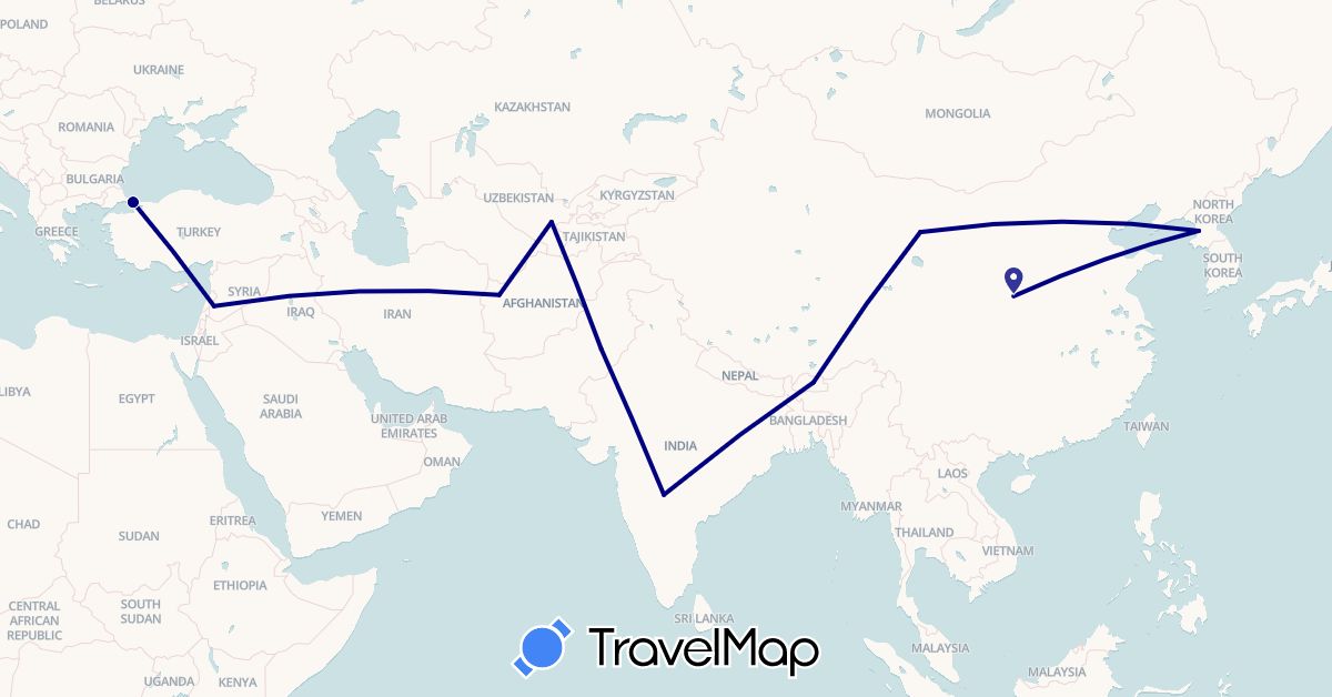 TravelMap itinerary: driving in Afghanistan, Bhutan, China, India, North Korea, Pakistan, Syria, Turkey, Uzbekistan (Asia)